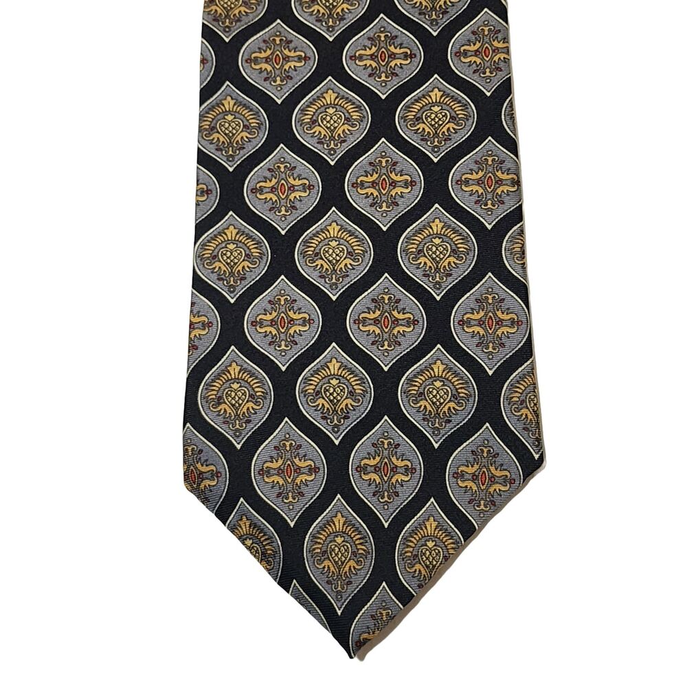 Oscar de la Renta Made in USA Mens Silk Tie 4"x56" Blue Grey Yellow Medallion - Picture 1 of 6